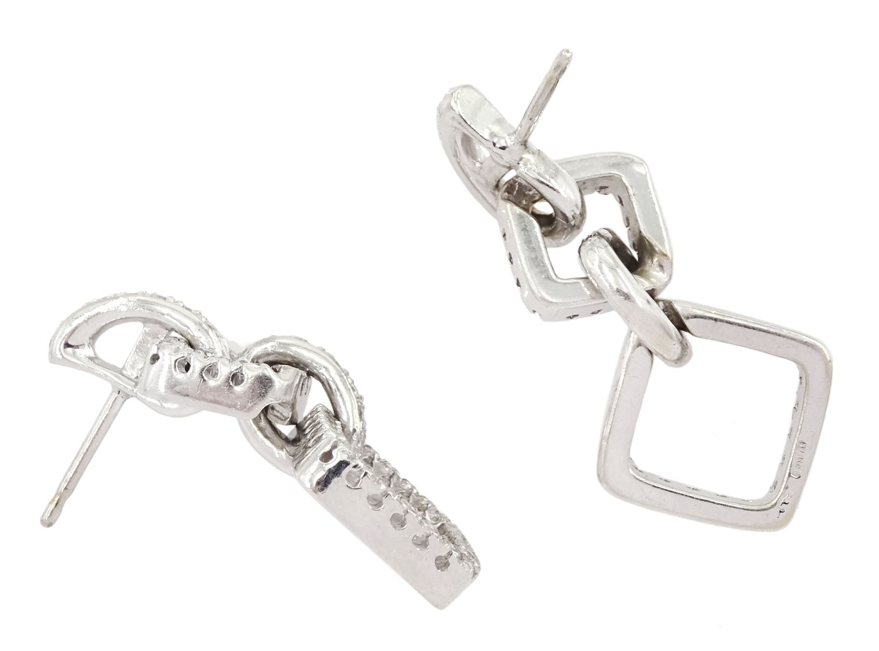Pair of 18ct white gold round brilliant cut diamond square shaped pendant stud earrings, with diamond set bail, stamped 750, total diamond weight approx 1.10 carat