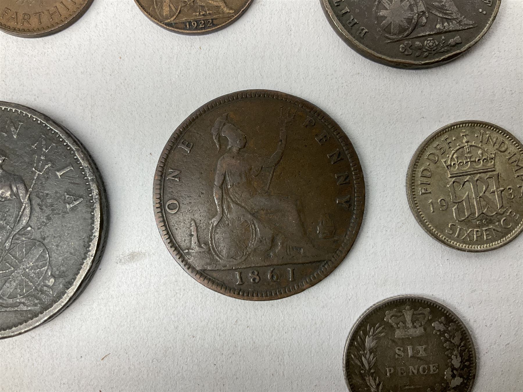 Queen Victoria 1861 penny, 1876 sixpence coin, five early silver coins including Elizabeth I etc