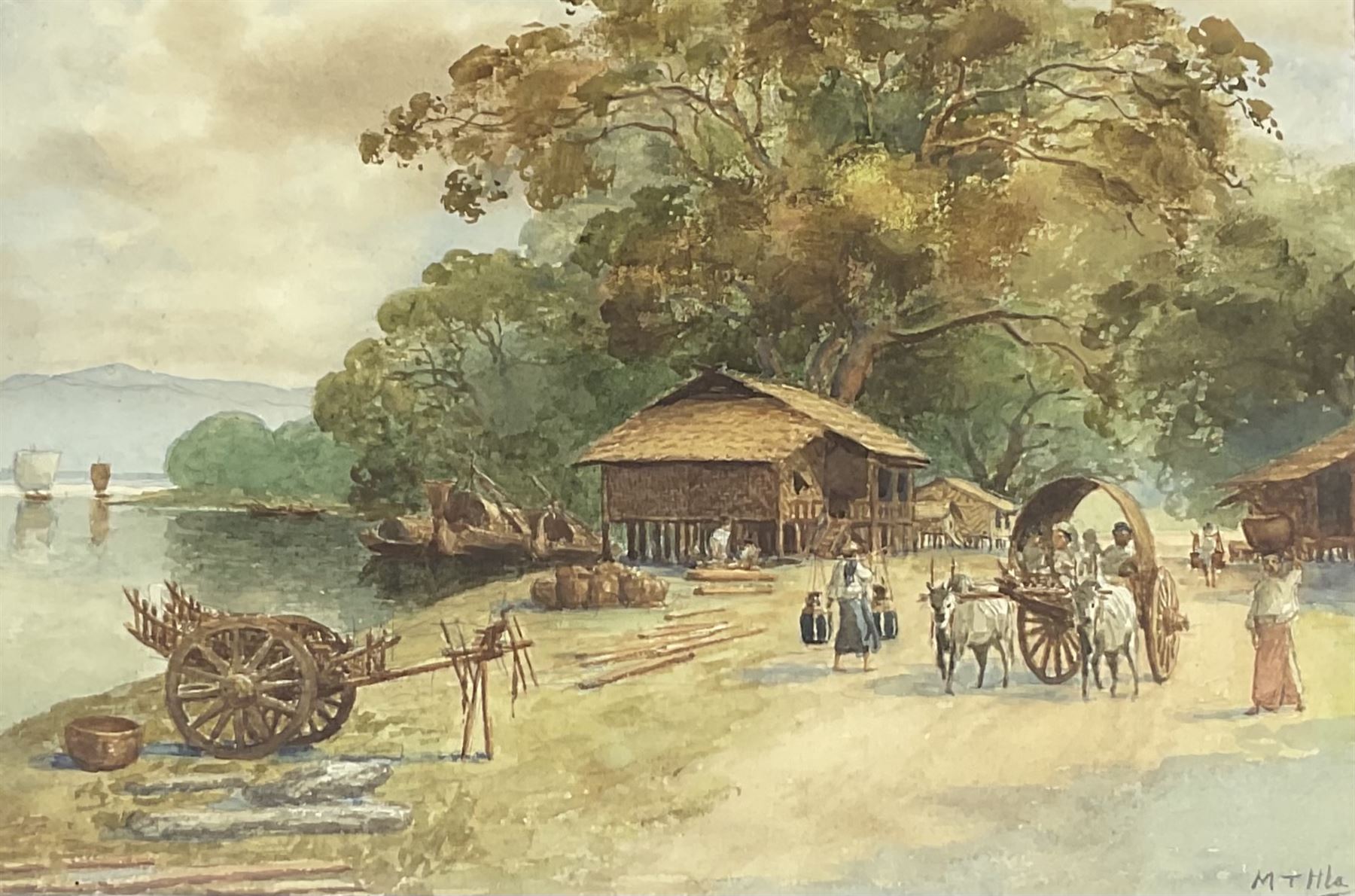 Maung Tun Hla (U Tun Hla) (Burmese 1874-1946): Small Village Riverbank Scenes, pair watercolours signed M T Hla 16cm x 21cm (2)