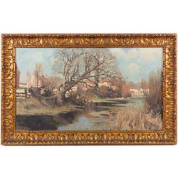 English School (20th Century): Stream near Red Roofed Houses, oil on canvas unsigned, attributed to a William Thornton of Reigate verso, 40cm x 70cm 