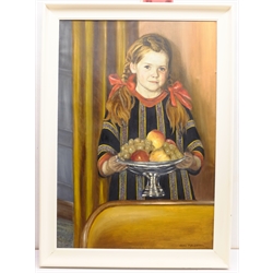 Jens Mølgaard (20th century): Girl Holding a Platter of Fruit, oil on canvas signed 91cm x 63cm