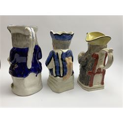 Three 19th Century Toby jugs, comprising an example straddling a barrel inscribed 'Home Brewed Ale', another modelled as a seated jester, and a further with a tricorn hat lid seated with a jug of ale, max H27cm
