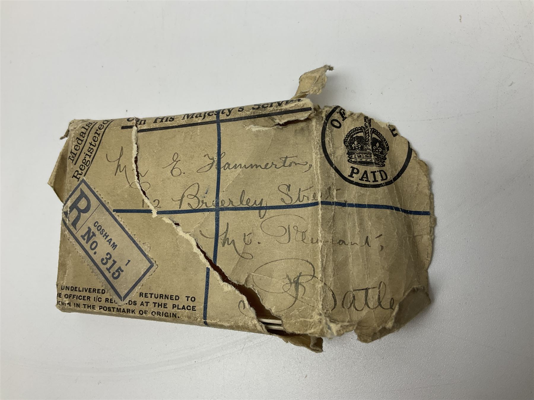 WW1 pair of medals comprising British War Medal and Victory Medal awarded to 038821 Pte.E.Hammerton A.O.C