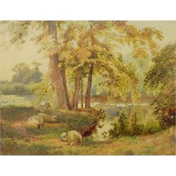 Charles Collins II RBA (British 1851-1921): Sheep Resting in Shade by the Waterside, watercolour signed 26cm x 34cm