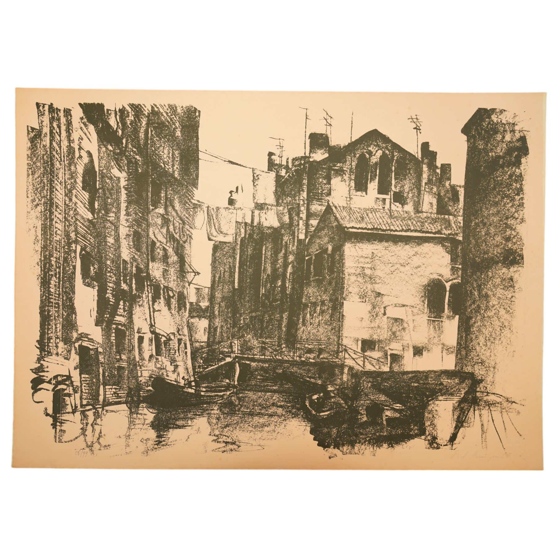 Pietro Annigoni OMRI (Italian 1910-1988): 'Venetian Impressions', set six monochrome lithographs on magnani paper signed and numbered in pencil with blindstamp, together with each original casing and text 50cm x 71cm (6) (unframed)