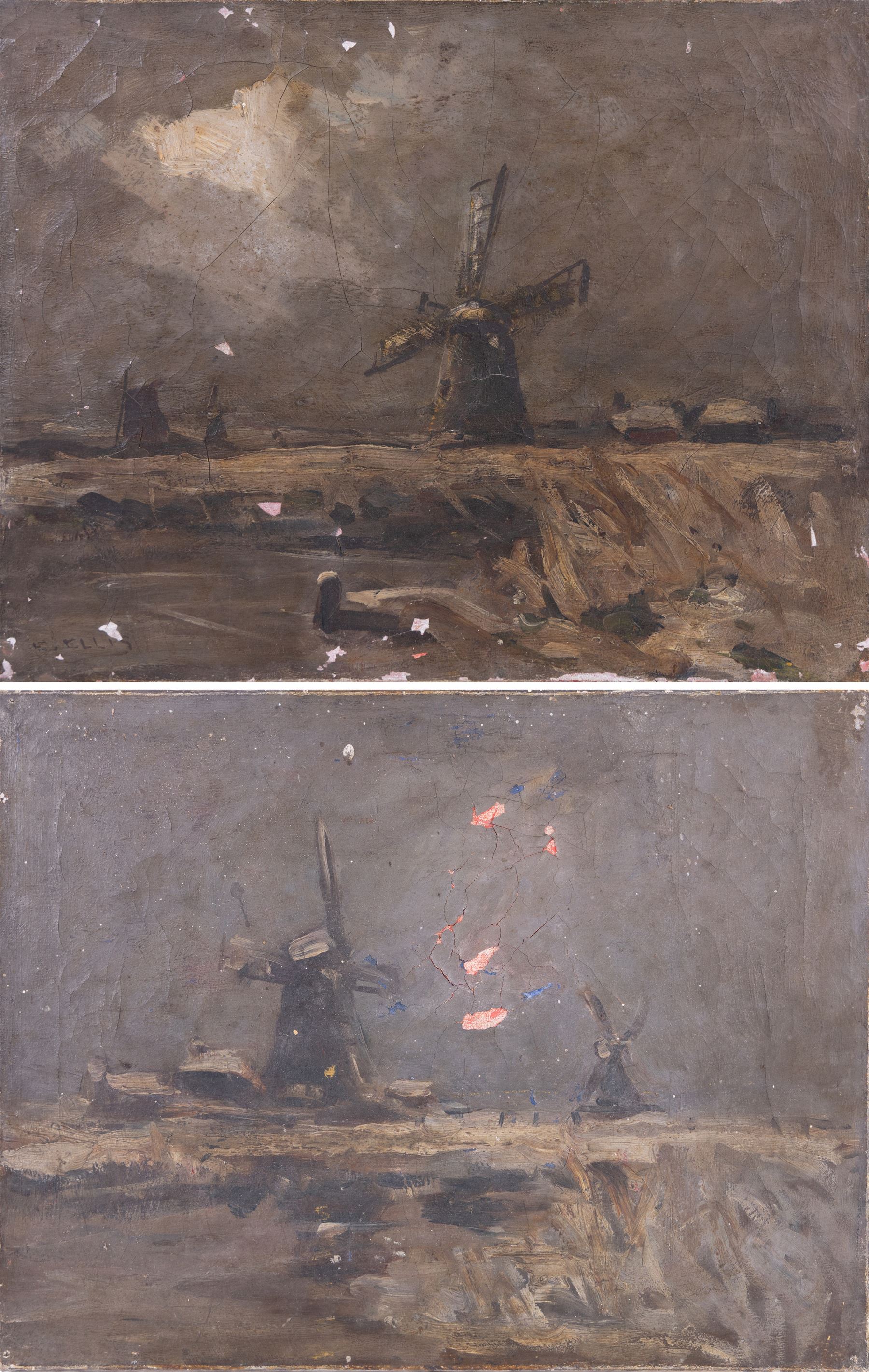 Edwin John Ellis (British 1841-1895): Windmills, pair oils on canvas, one signed 36cm x 46cm (2) (unframed)