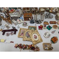 Dolls house conservatory and garden accessories, including sofa and chairs, trees, plants, paintings, Christmas decorations, etc 