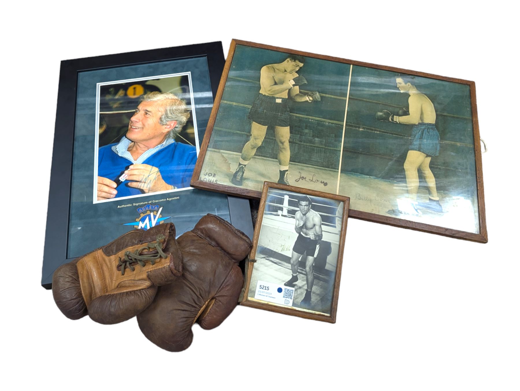Signed photograph of British boxer Freddie Mills, together with a framed print of boxers Joe Louis and Billy Conn, a signed picture of Giacomo Agostini and a pair of 1930s brown leather boxing gloves