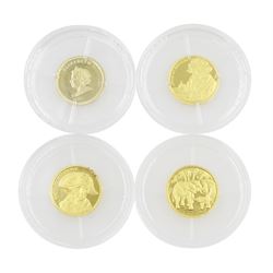 Four gold 'World's Smallest Coins', including three 24ct gold coins and one 14ct gold coin, all with certificates