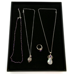  Silver amethyst pendants, necklace and ring, all stamped 925  