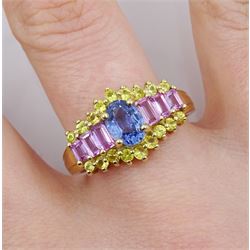 9ct gold blue, pink and yellow sapphire cluster ring, hallmarked 