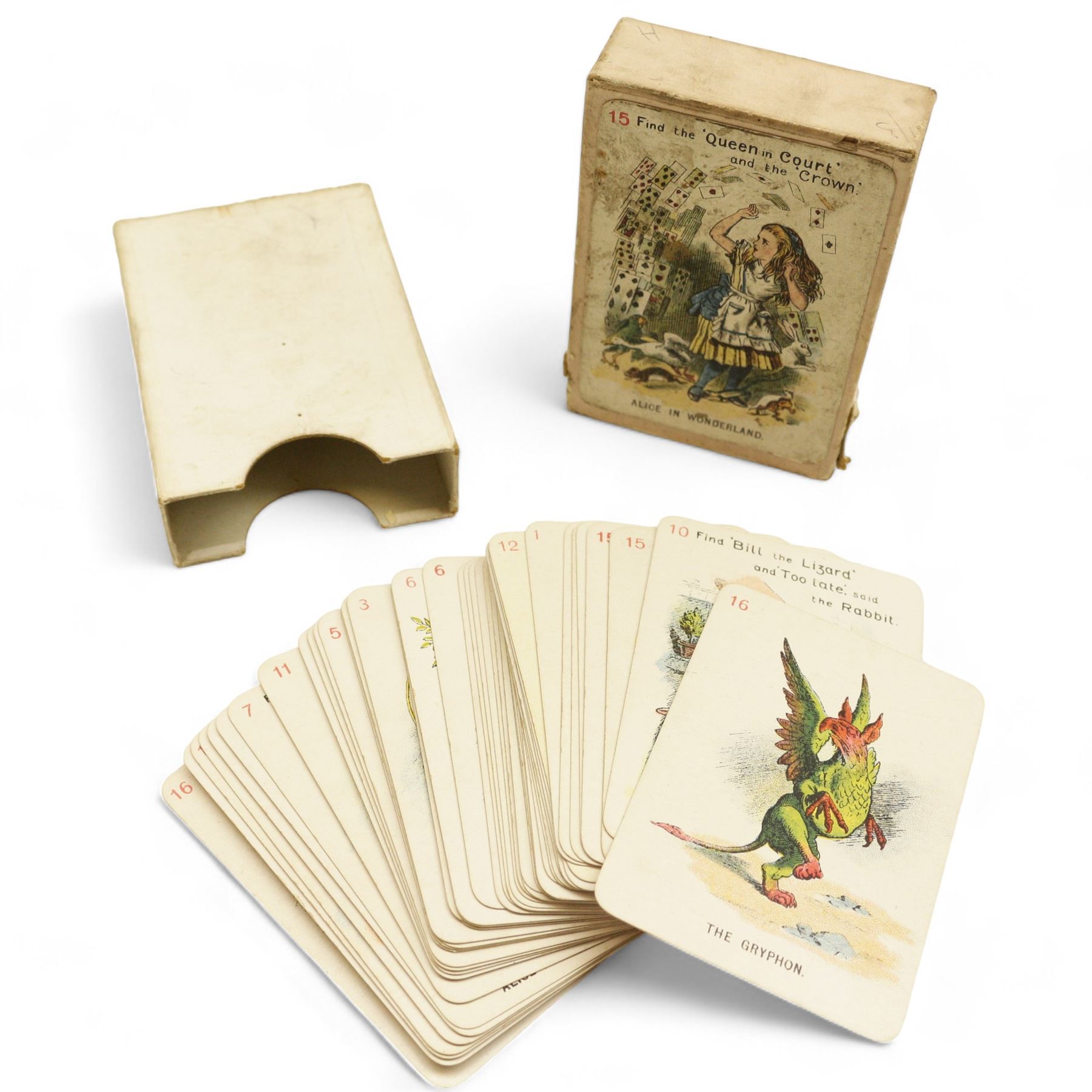 Late 19th century Alice In Wonderland card game, comprising forty eight pictorial cards, various colour illustrations from Sir John Tenniel's original designs by Miss E. Gertrude Thomson, manufactured by Thomas De La Rue & Co. Ltd., slip case with cover