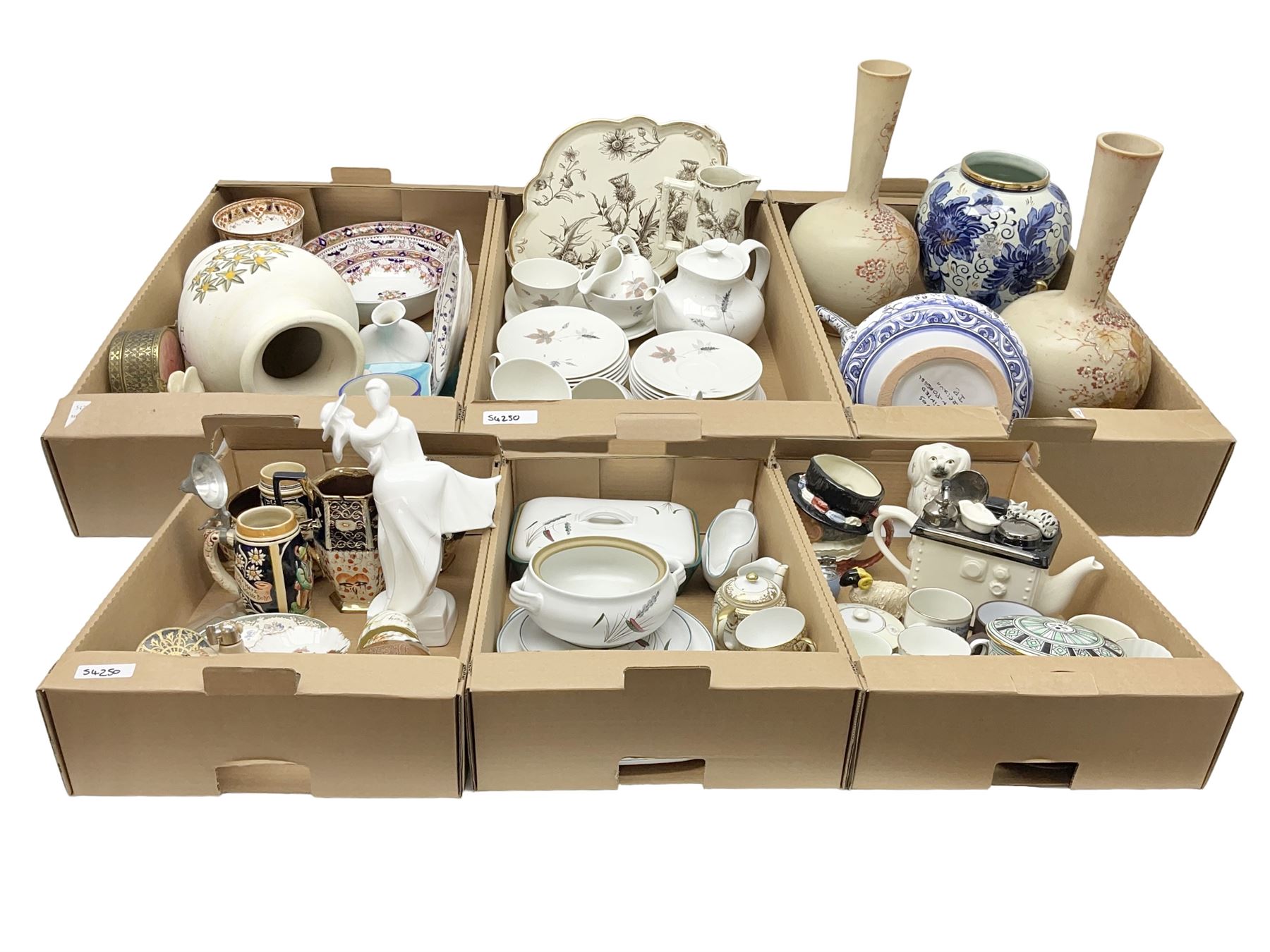 Denby Greenwheat pattern dinner wares, together with Royal Doulton Tumbling Leaves pattern tea and dinner wares, Royal commemorative ceramics including Wedgwood Jasperware table lighter, pair of Victorian glass hand painted vases, large blue and white urn with lid, Noritake part tea set, Staffordshire style dog and other ceramics and collectables, in boxes