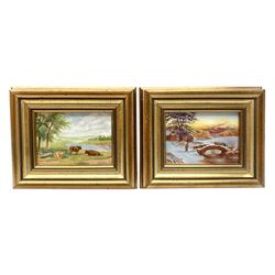 Pair of framed painted porcelain plaques, painted by Worcester artist Francis Clarke, the first example depicting cattle by lakeside, the second example depicting a winter landscape with figure and cattle crossing a bridge, each signed F Clark, each overall H14cm L17cm 