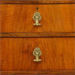 Early 20th century figured walnut chest, rectangular top with burr crossbanding, fitted with two short over three long drawers with brass drop-handles, lower moulded edge over shell-carved cabriole feet