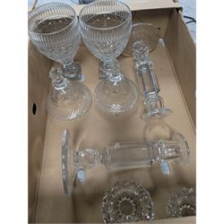 Royal Doulton Carlyle dinner wares, heavy glass candlesticks, punch bowl and lidded jars and other ceramics and glassware, in five boxes