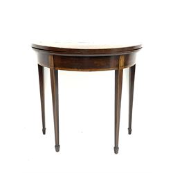 Early 19th century mahogany and satinwood banded demi-lune card table, square tapering supports with spade feet