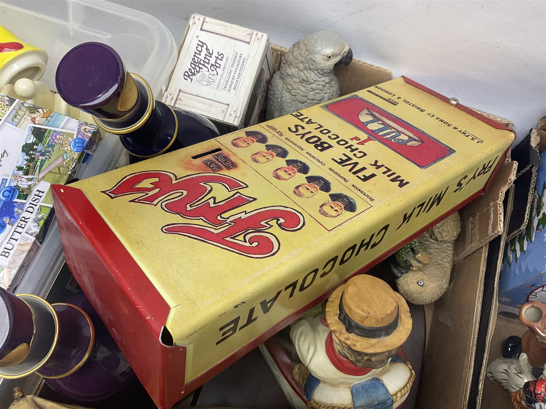 Gone Fishing Norman Rockwell The Saturday Evening Post figure, Animal Classics bird figure, Rington's novelty teapots, Fry's Chocolate reproduction box etc in three boxes