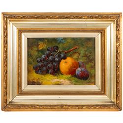 George Spencer (British 19th Century): Still Life of Fruits on a Bed of Grass, pair of oils on canvas board max 16.5cm x 24cm (2)