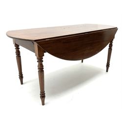 19th century mahogany drop leaf table, fitted with two long drawers raised on turned and fluted supports 