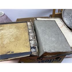 Quantity of collectables, to include two ornate mirrors, a selection of table lamps, bronzed figures, large bible, silver plate etc, in three boxes