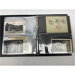 Modern loose leaf album of WW2 German postcards, photographs and other paper ephemera including Adolf Hitler, Luftwaffe, comic, soldier and group portraits, memorial cards, propaganda images, interesting postmarks etc