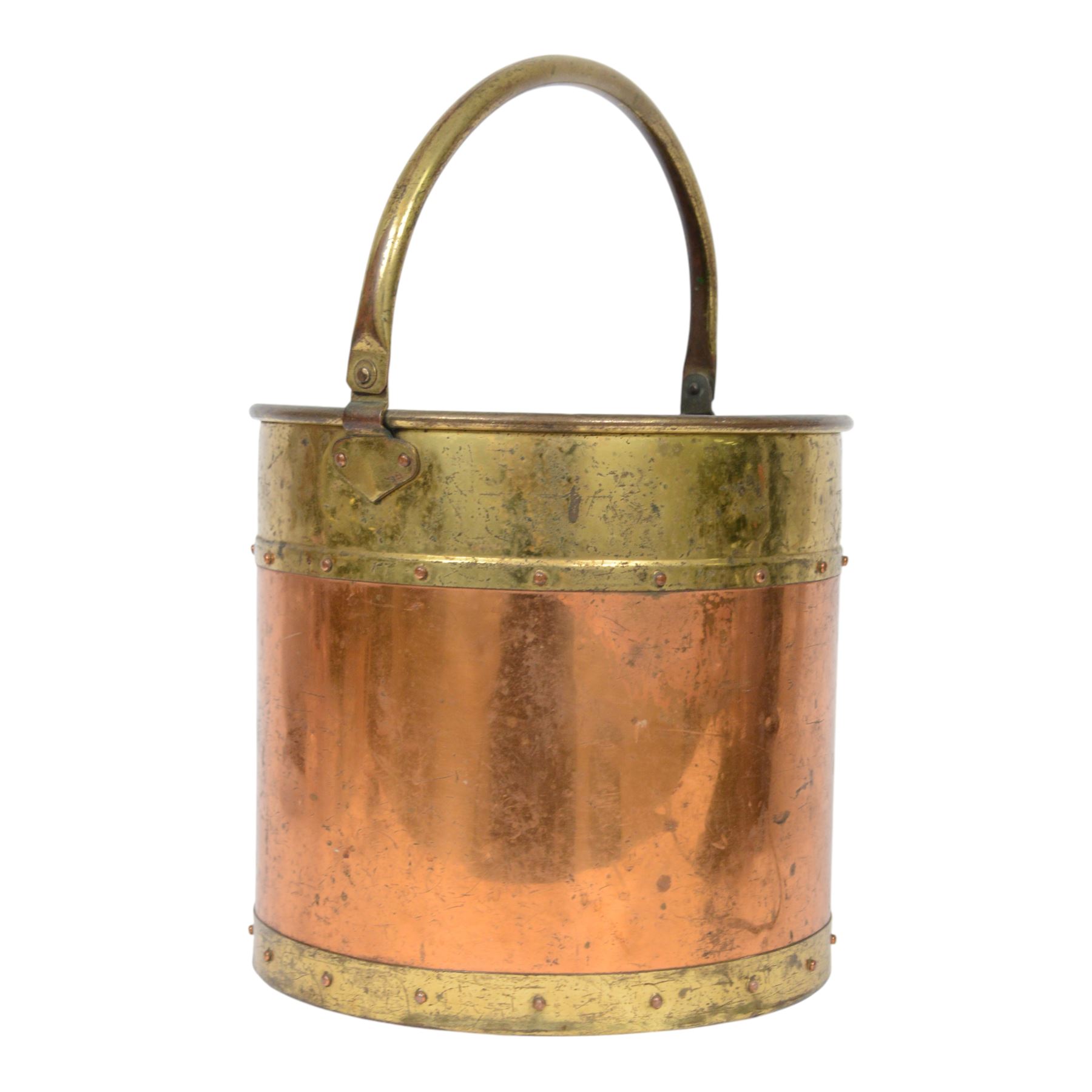 19th century rivetted copper and brass coal bucket  with swing handle, H30cm, D32cm