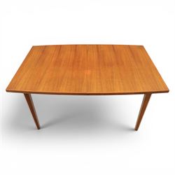 Mid-20th century teak dining table and chairs, with stowable fold over leaf, raised on square tapering legs, the chairs with teak frames and reupholstered green leather seats