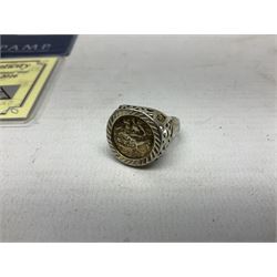 Silver mother of pearl handled fruit knife, silver jewellery including masonic pendant necklace, shell pendant, coin ring, Claddagh ring and charms etc, and a collection of ingots