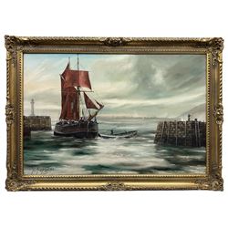 Peter Gerald Baker (British 20th century): Fishing Boat and Ship in Full Sail at Whitby Harbour, oil on canvas signed and dated '78, 60cm x 90cm
