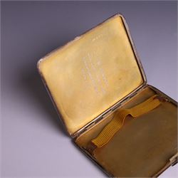 1930s silver cigarette case, of rectangular form with rounded corners, with engine turned decoration throughout, with personal engraving to interior, hallmarked Padgett & Braham Ltd, London 1931, L 11cm 
