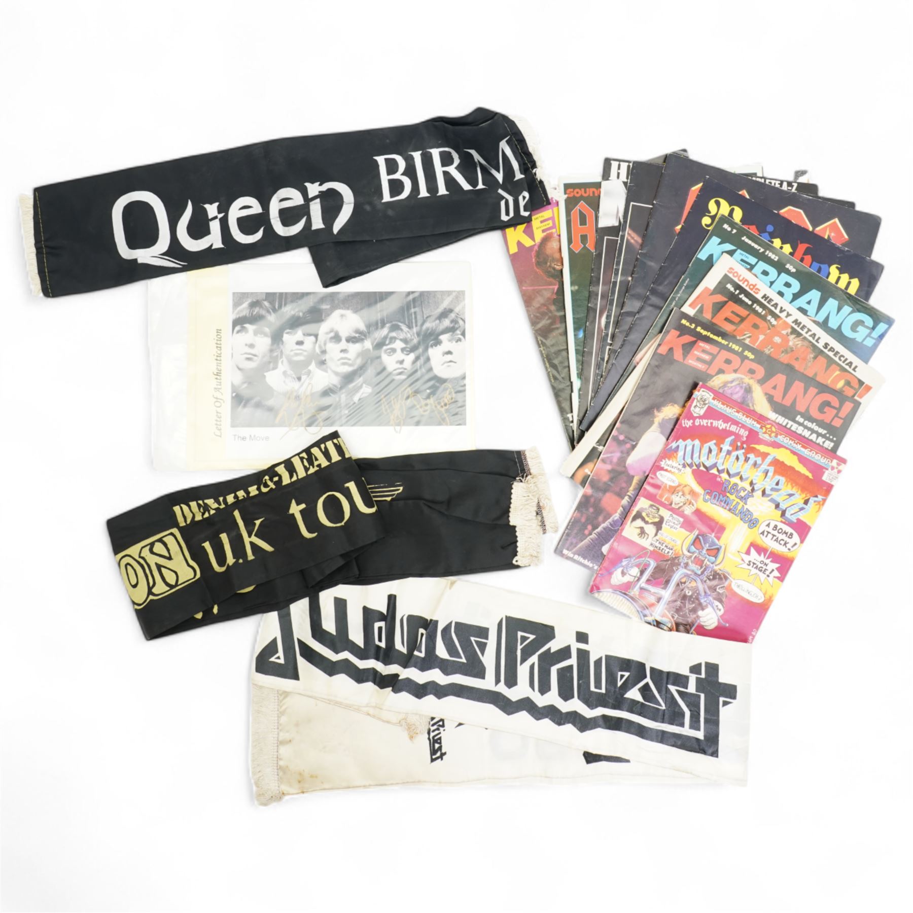 Silk scarf 'Queen Birmingham NEC December 5th & 6th, two others Saxon U.K. tour, and Judas Priest U.K. tour 1980  signed photograph 'The Move' Kerrang magazine issue No.1 and various others