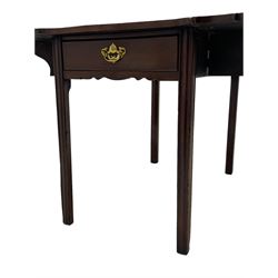 George III mahogany serpentine Pembroke table, the shaped drop-leaf top over single end drawer and shaped end rails, on square moulded supports