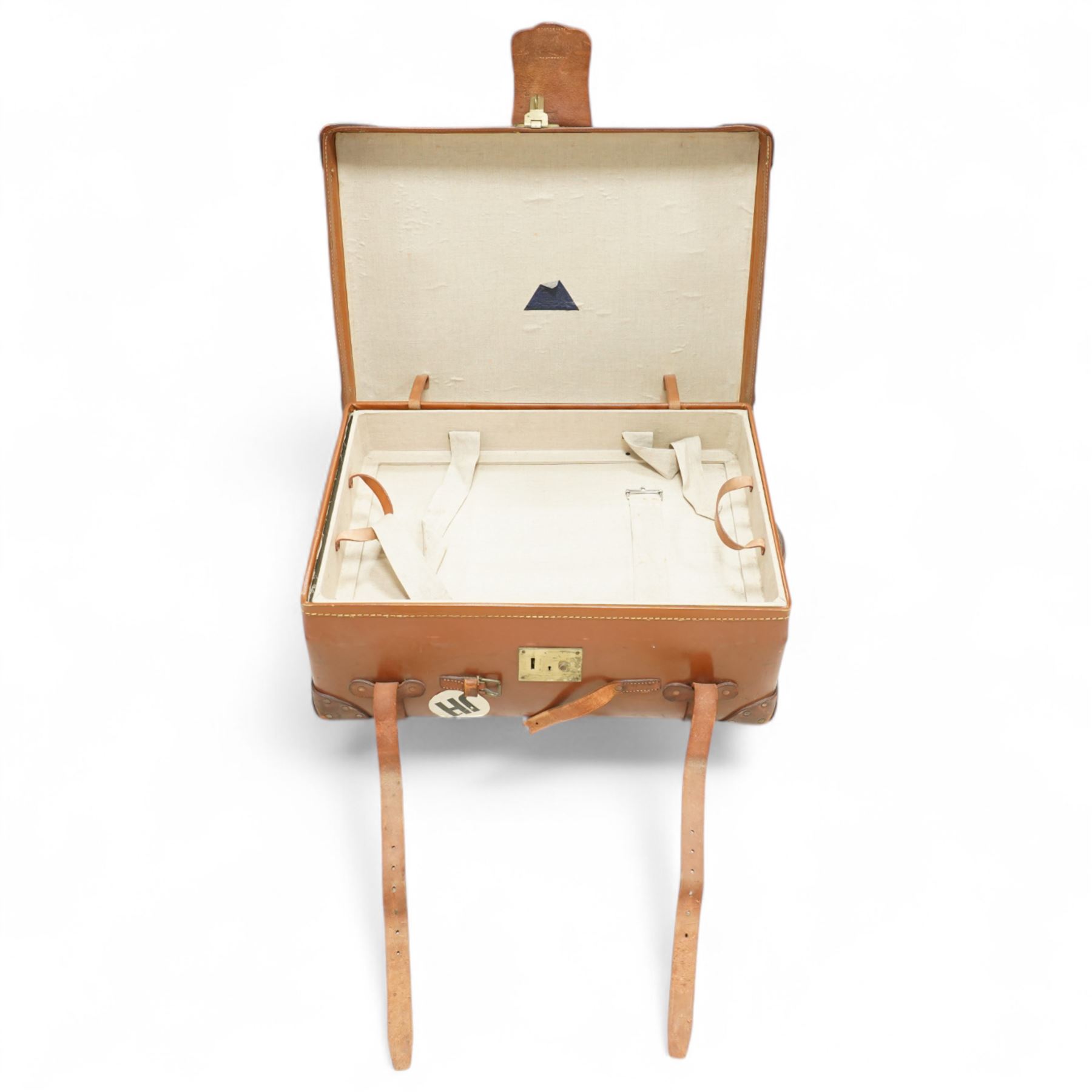 Two late 19th/early 20th century leather travelling 'Ideal' trunks, each stamped and engraved to brass locks F. Best & Co, various travel labels to include the Grand Hotel Naples, Grand Hotel Bellevue, Excelsior Palace Palermo, Waterloo etc, larger suitcase W93cm H32cm D58cm