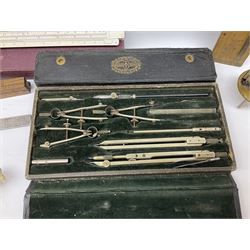 Two Victorian brass sovereign scales, one marked 'Harrison' L10cm; cased set of drawing instruments by G. Thornton Limited Manchester; Chesterman No.770/1 steel vernier caliper; two boxwood rulers; cased slide rule; brass and boxwood rope/wire gauge etc