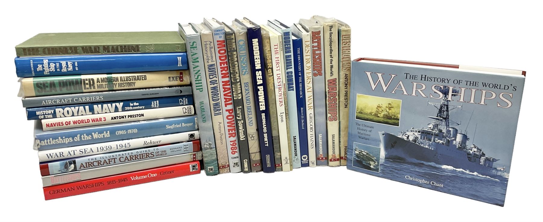 Twenty-seven books of maritime and naval interest including Archibald: The Fighting Ship in the Royal Navy; Chant: The History of the World's Warships; Groner: German Warships 1815-1945; books on seapower, destroyers, battleships, cruisers, seamanship etc