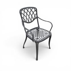Circular cast aluminium garden table and pair of armchairs chairs with lattice backs in a dark grey finish