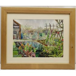 Penny Wicks (British 1949-): 'Allotments', watercolour and collage signed and titled 30cm x 40cm