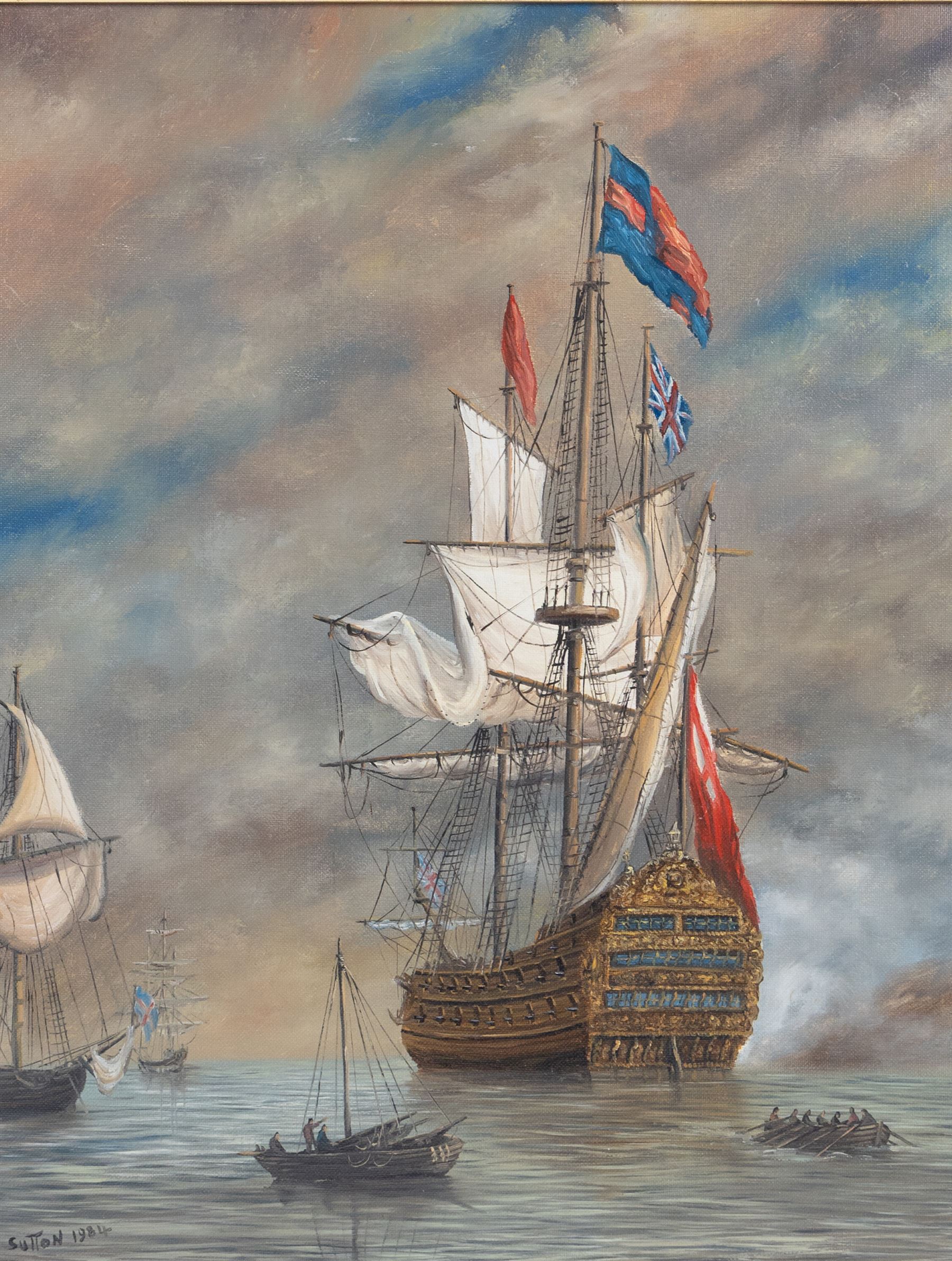 Keith Sutton (British 1924-1991): 'Malabar - Blackwall Frigate' and 'Royal Sovereign', two oils on canvas board signed and dated 1984 and 1985, in matching frames, 50cm x 40cm