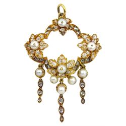 19th century 18ct gold pearl and diamond foliate pendant, suspending diamond and three single pearls