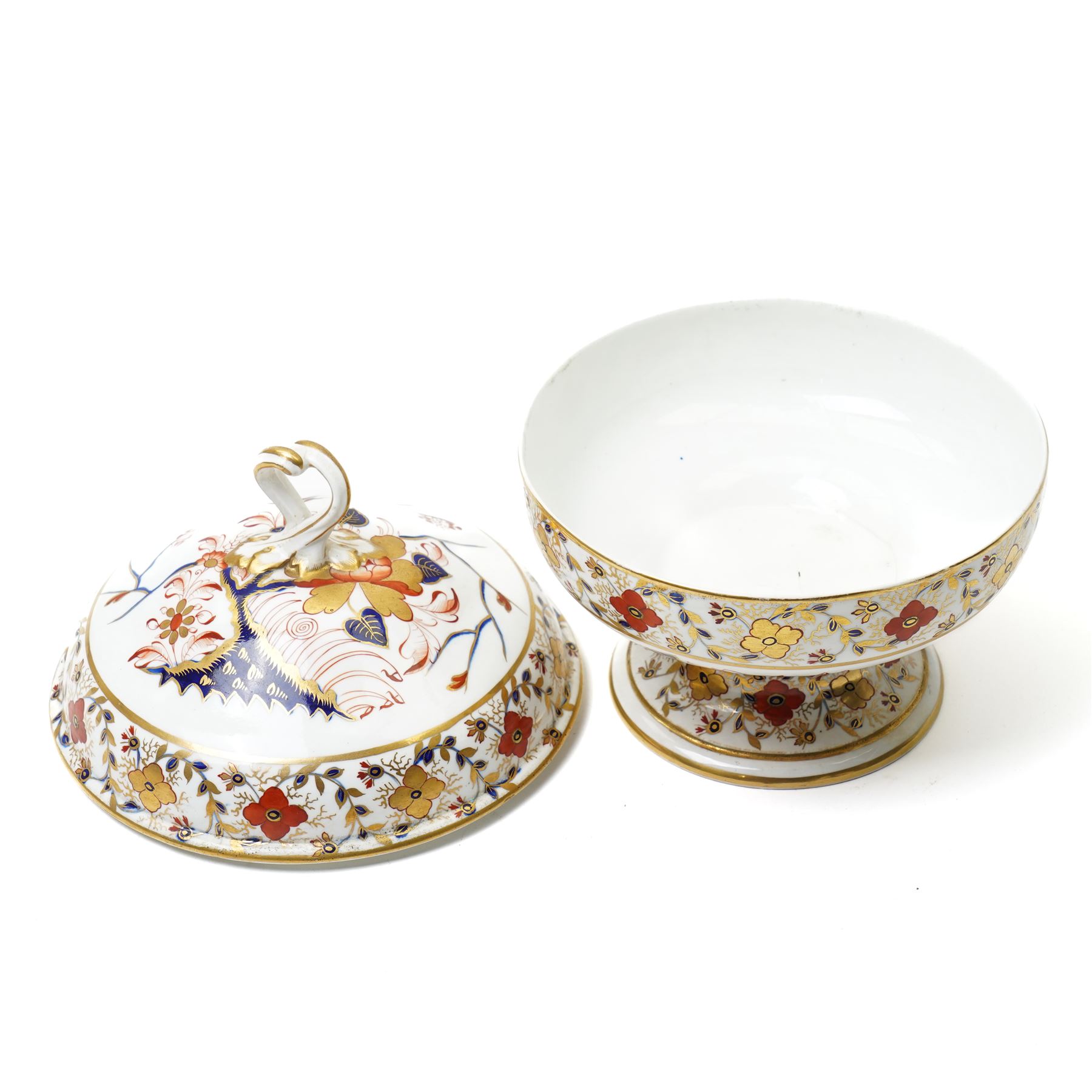 Early 19th century Bloor Derby dinner wares, c.1800-1825, Asian Rose pattern, comprising five small plates, one circular tureen, and three covered surrounding dishes, crossed sword marks in red to base, plates D20cm, circular tureen 24cm  
Provenance: property of a Nobleman