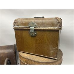 Metal hat box, together with another metal traveling case and a singer sewing machine 