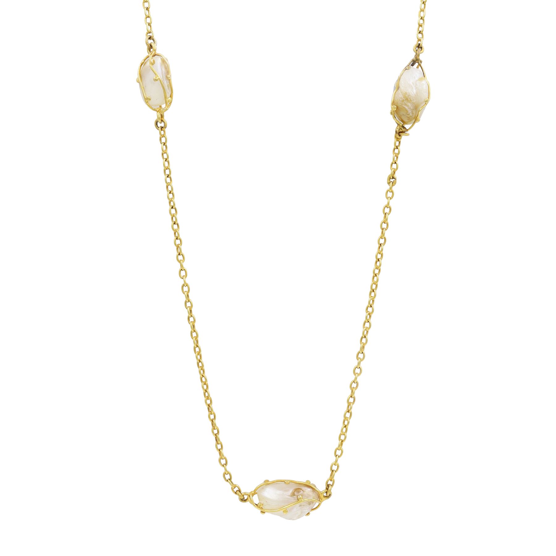 Early 20th century gold pearl necklace, three baroque pears within a wirework setting, spaced between fine belcher links and a similar 14ct gold brooch