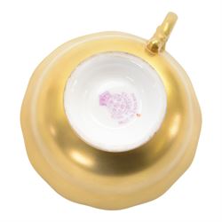 Royal Worcester fruit painted cabinet scallop edge teacup and saucer,  interior hand painted with apples and berries upon a mossy ground, the cup exterior and centre of saucer gilded, cup signed W. Bee and saucer signed H. Ayrton, each with puce coloured printed marks beneath, H8cm