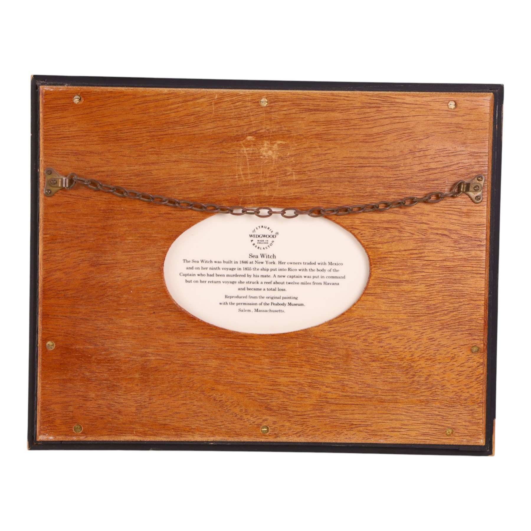 Set of Six Wedgwood plaques, each decorated with a clipper ship, inscribed to the reverse, in maple frames, 25cmx31cm