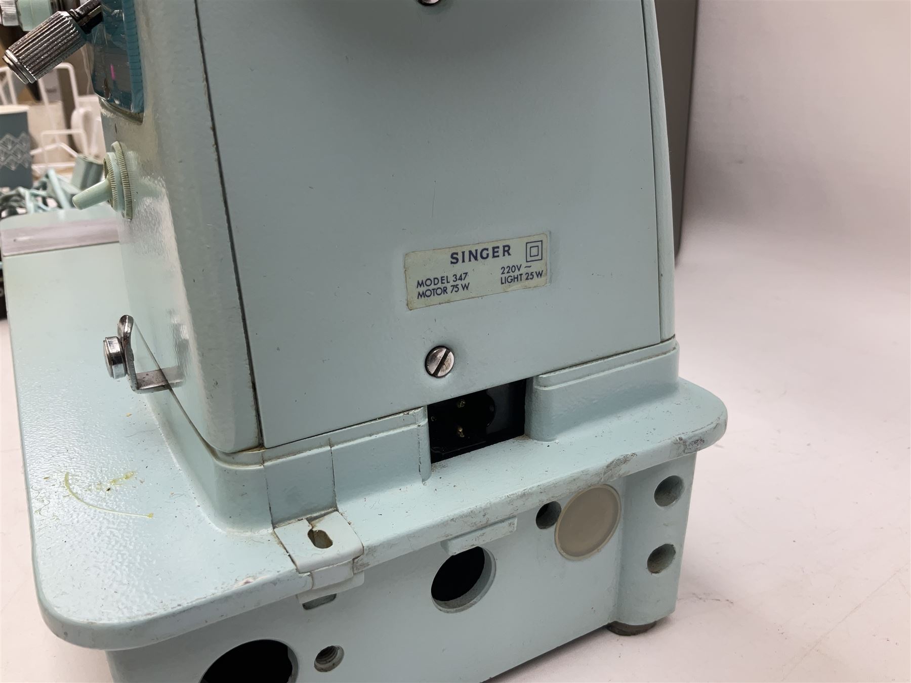 1960s model 347 Singer sewing machine, in baby blue colourway with