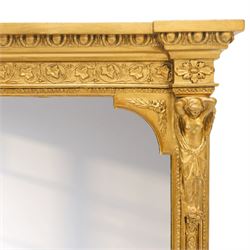 Large Victorian giltwood and gesso pier mirror, plain rectangular mirror plate enclosed by moulded frame with egg-and-dart cornice, foliate frieze and classical caryatid uprights, the lower corners decorated with scrolling acanthus, on shaped plinth base