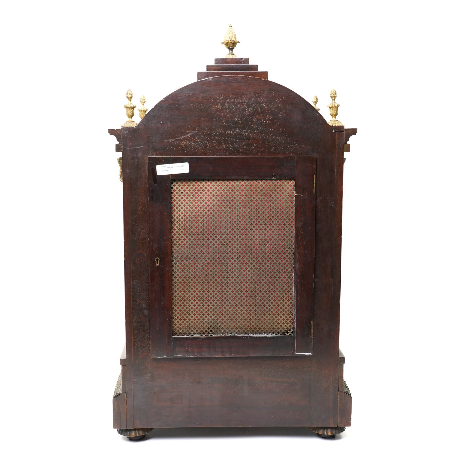 Late 19th century bracket clock with three train movement, Westminster Chimes on eight bells and gong strike, the brass dial inscribed 'Webber Liverpool' with gilt brass mounts in mahogany dome top case with pineapple finial, brass handles and classical columns on compressed circular feet H76cm