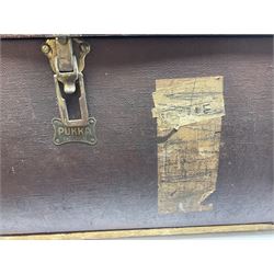 Early 20th century two-handled leather-mounted travelling trunk of large proportions and with re-enforced wood slatted underside, L98cm, together with a twin handled black metal document box