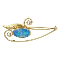 Gold oval opal open work leaf design brooch, stamped 9ct